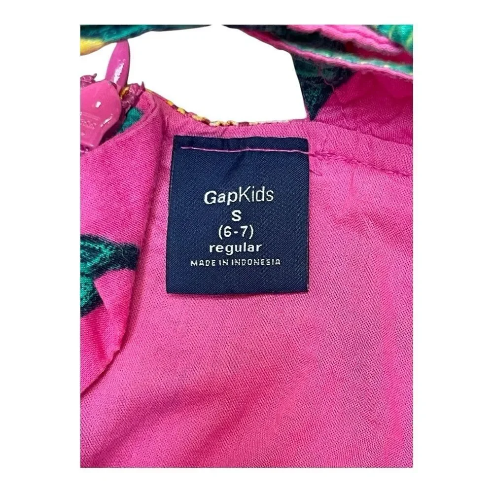 Gap Kids Girls Size S Tropical Pink Criss Cross Back Dress with Green Leaf Print